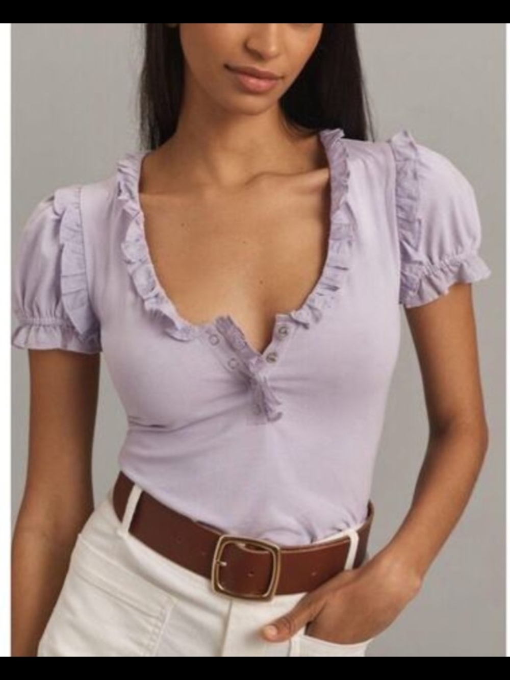 Anthropologie Lavender Ruffle-Trim Scoop Neck Top L